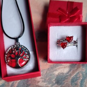 Elegant Red and Silver Tree Pendant Necklace and Heart Ring Set